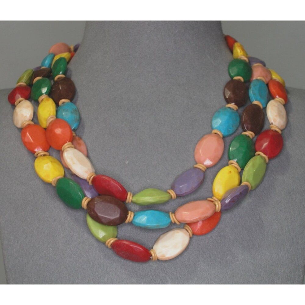 Chunky Beaded Wood Necklace, 3 Strands, 14 Inches With 3 Inch Extension